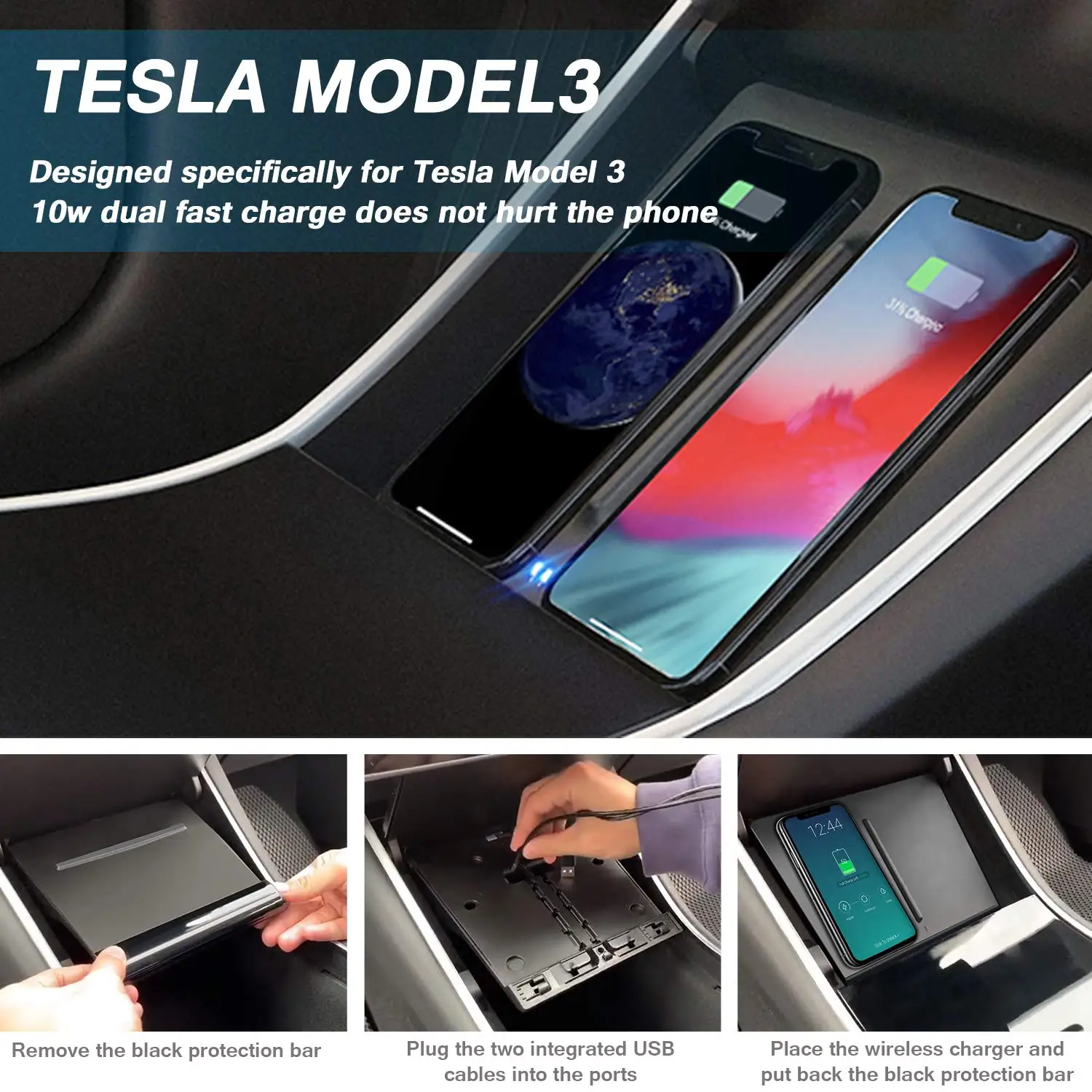 

Model 3 Wireless Charger, QI Wireless Phone Charger Dual Phones Charging Pad with USB Splitter for Tesla Model 3 Accessories (In