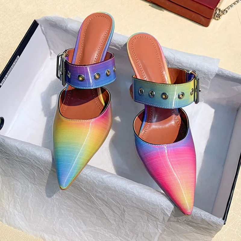 

2020 Sexy Summer Women Pointed Toe Pumps Buckle Strap Ladies Mules Shoes Spike High Heels Rainbow Pumps Size 34-42