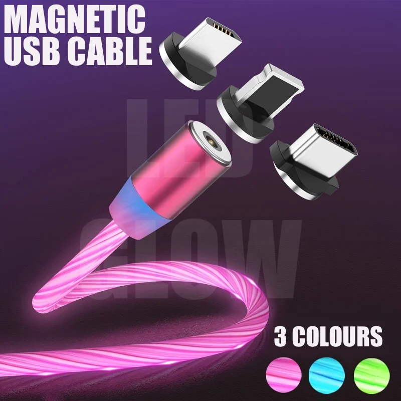 

1m Led Glow Flowing Magnetic USB Cable Micro USB Charger Type C Charging Cord For Samsung Huawei Xiaomi iPhone