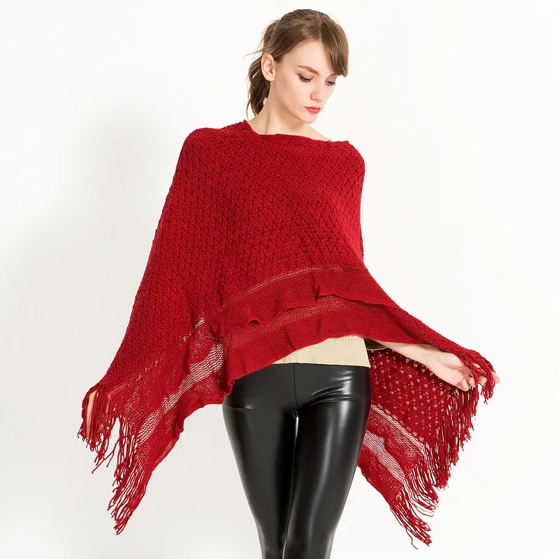 

Fashion Women Kintted Shawl and Ponchos High Quality Acrylic fringed Ponchos and capes cloak Autumn Winter pullover shawls