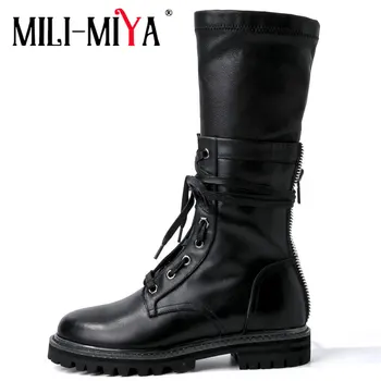

MILI-MIYA Black Fashion Round Toe Winter Mid Calf Boots Women Zip Cross Tied Square Heel Classic Ladies Genuine Leather Shoes