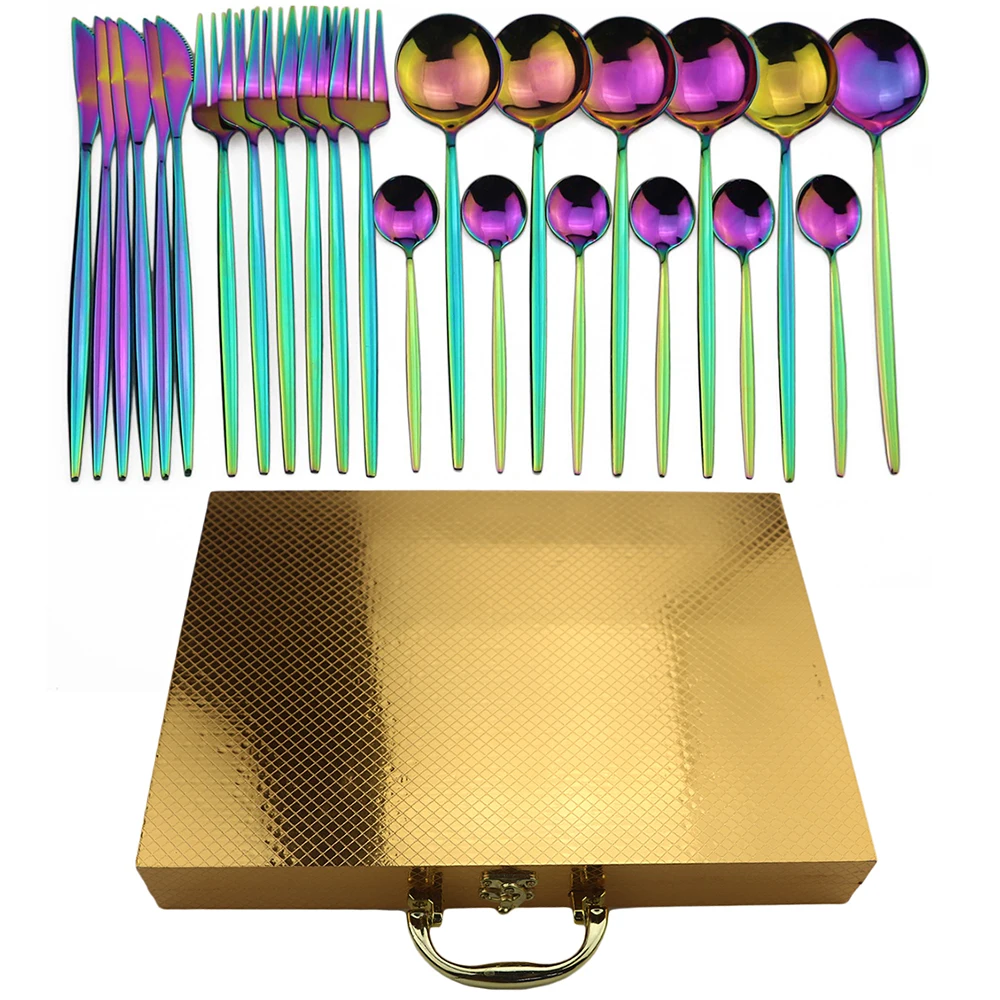 24pcs Gold Dinnerware Set 304 Stainless Steel Rainbow Cutlery Dinner Set Knife Fork Spoon Silverware Tableware Set With Gold Box - Цвет: rainbow