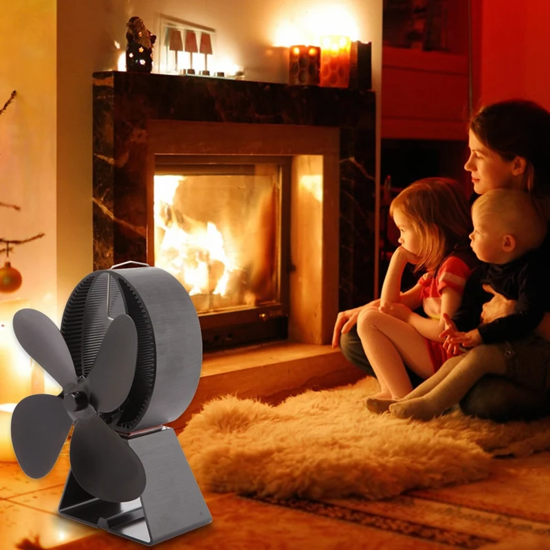 

Black Fireplace 4 Blade Heat Powered Stove Fan Log Wood Burner Eco Friendly Quiet Fan Home Efficient Heat Distribution
