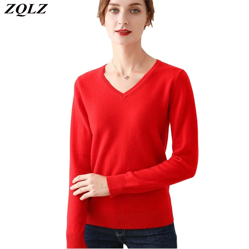 

ZQLZ 2020 Knitted Women Sweater V-Neck Pullovers Spring Autumn Basic Female Jumper Sweaters Loose Fit Black Cheap Top