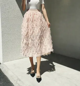 

Tulle Tutu Feather Tassels Midi Skirt Mesh Elastic High Waist Bohemian A Line Dames Women Ladies Kawaii Summer Autumn Skirts