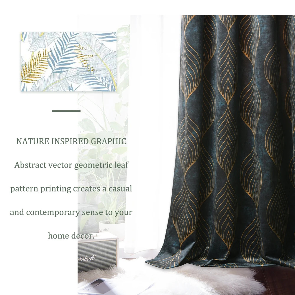 NICETOWN 1 Piece Leaf print Velvet Curtain Super Soft Luxury Warm Blackout Energy Grommet for Decor Home Theater Living Room