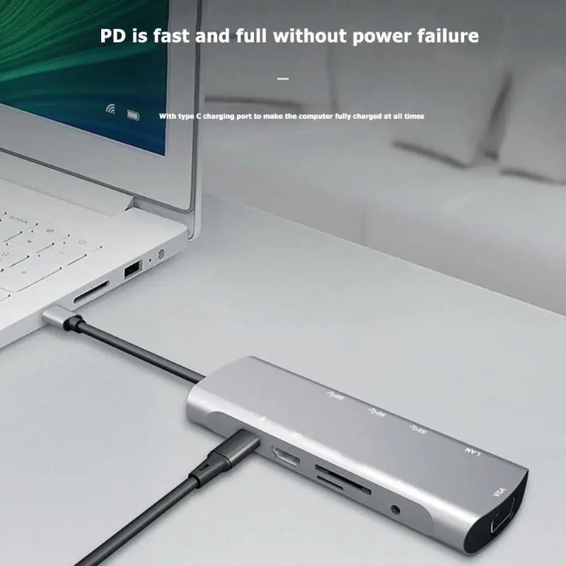 10 в 1 type-C концентратор адаптер USB-C к HDMI VGA USB3.0 TF RJ45 AUX PD конвертер удлинитель адаптер док-станции для ПК ноутбук