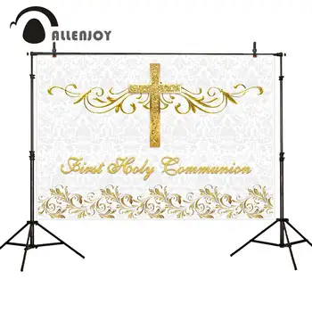 

Allenjoy First Holy Communion Banners Golden Glitter Cross Damask Photobooth Party Backdrops Baby Showers Events Wallpaper Decor