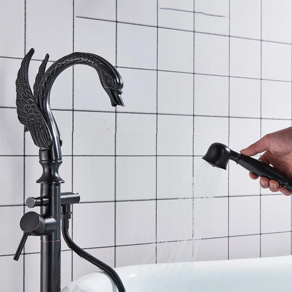 POIQIHY Swan Floor Mount Bathtub Faucet Clawfoot Freestanding Bathroom Crane Black Chrome Bath Shower Mixer Tap Bathroom Faucet 2