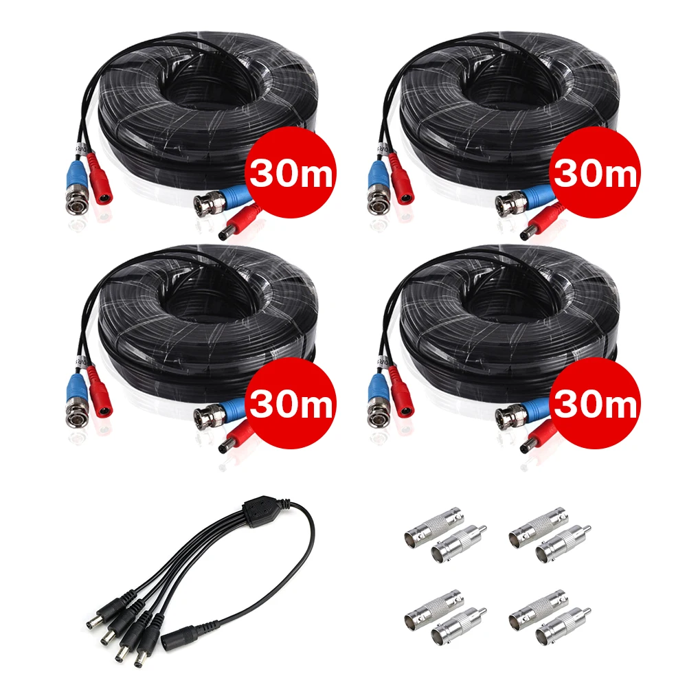 4PCS 30m/100ft BNC&DC Plug Video Power Cable with 1pcs 4-in-1 power splitter cable for AHD Video Surveillance System Accessories