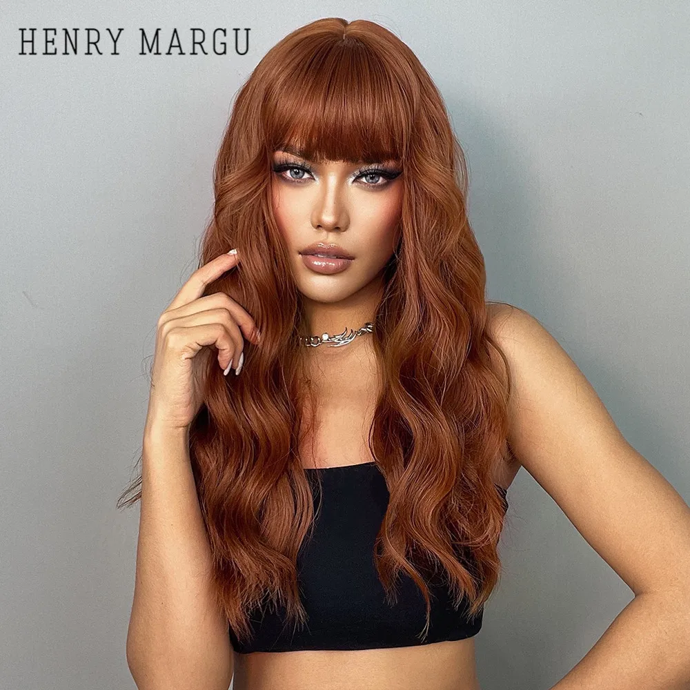 HENRY MARGU Long Wavy Auburn Red Synthetic Wigs with Bangs Kinky Curly Natural Hairs for Daily Cosplay Party Heat Resistant Wigs