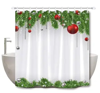 

Christmas Balls Shower Curtain Set Glitter Sliver Grey Balls Green Cedar Winter Bathroom Curtain with Hooks Holiday Decorations