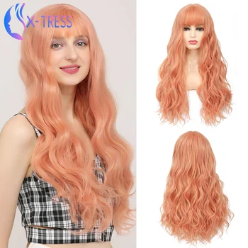 

Honey Pink Colored Synthetic Wigs With Bands Fluffy Long Body Wave Colorful X-TRESS Wig Heat Resistant For Daily Party Cosplay