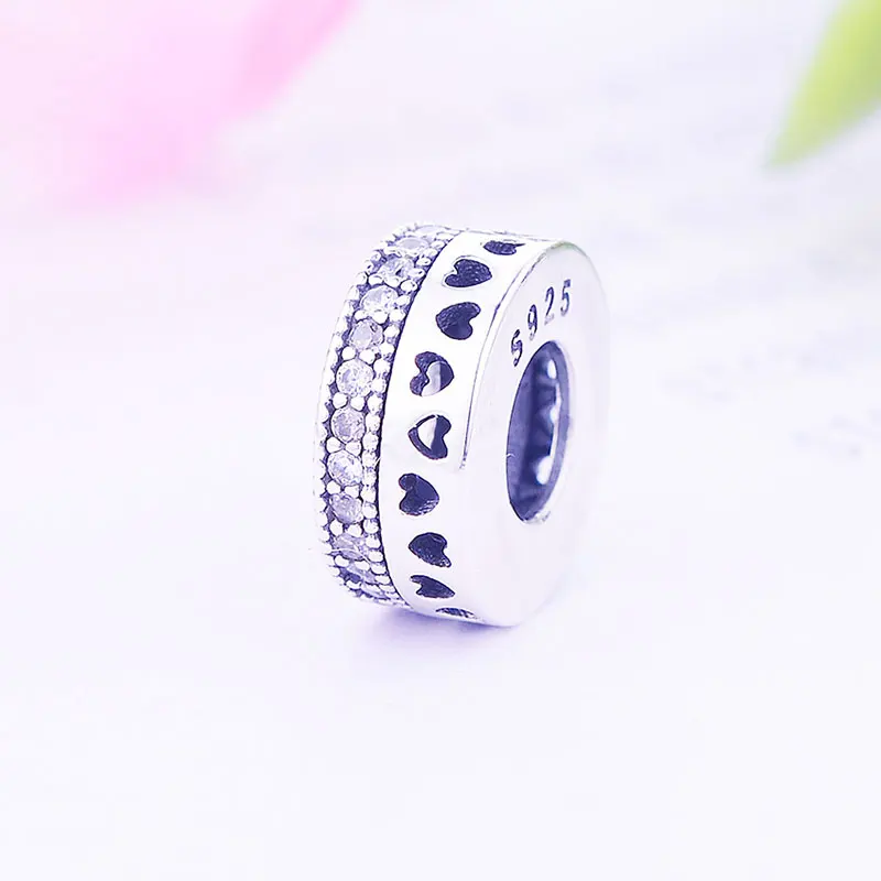 

925 Sterling Silver Heart Shape Row Hole Circle Zirconia Spacer Bead Fit Original Pandora Charm Bracelet Women Making Berloque