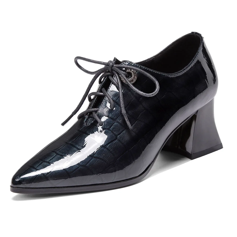 

Women High Heels Cow Leather Spring Autumn Blue Lace-Up Comfort Soft Pointed Toe Female Luxury Party Thick Pumps Shoes Woman