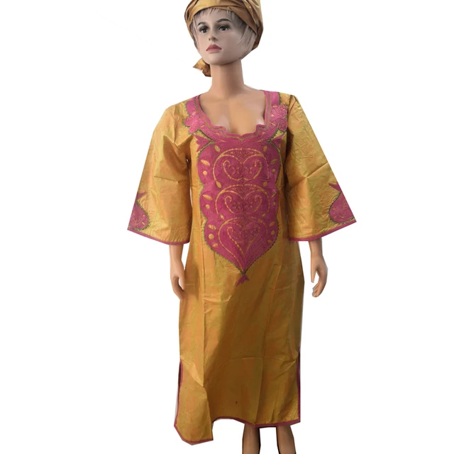 MD African Dresses For Women Traditional Dashiki Embroidery Maxi Dress Bazin Riche Ankara Robe Turban Women's Clothing 2021 Yellow 2