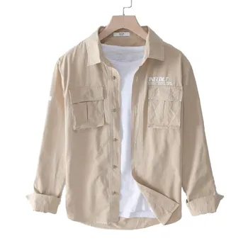 

100% Cotton Anti-static Man Casual Shirt Quality Spring Autumn Male Pockets Patchwork khaki Tooling Full Long Sleeve Men Shirts