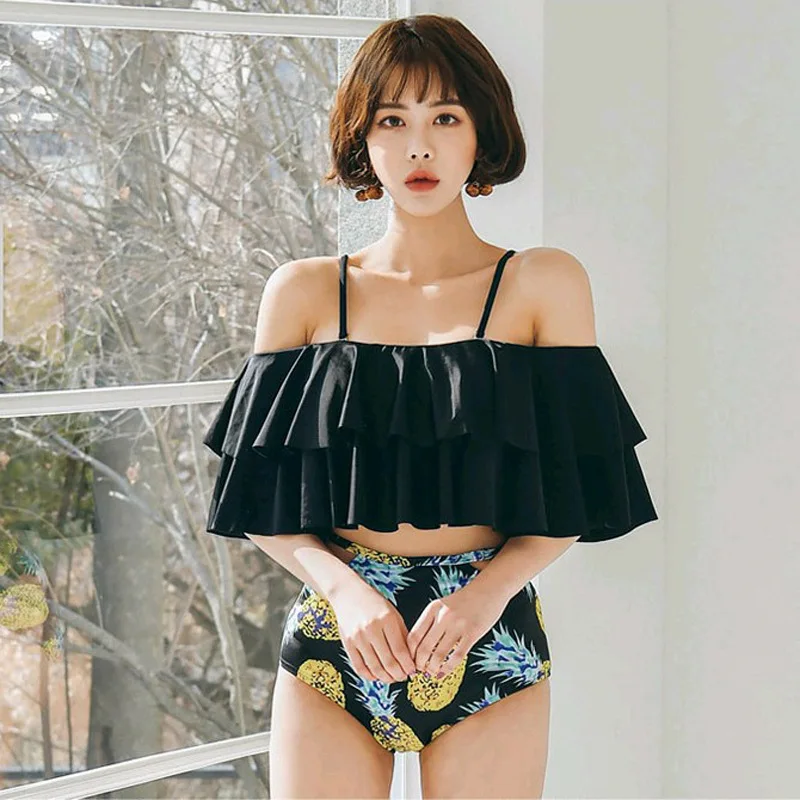 

Students Hipster Vacation Style Flounced Small Bust Underwire Push up Conservative Split Type High-waisted off-Shoulder Swimsuit