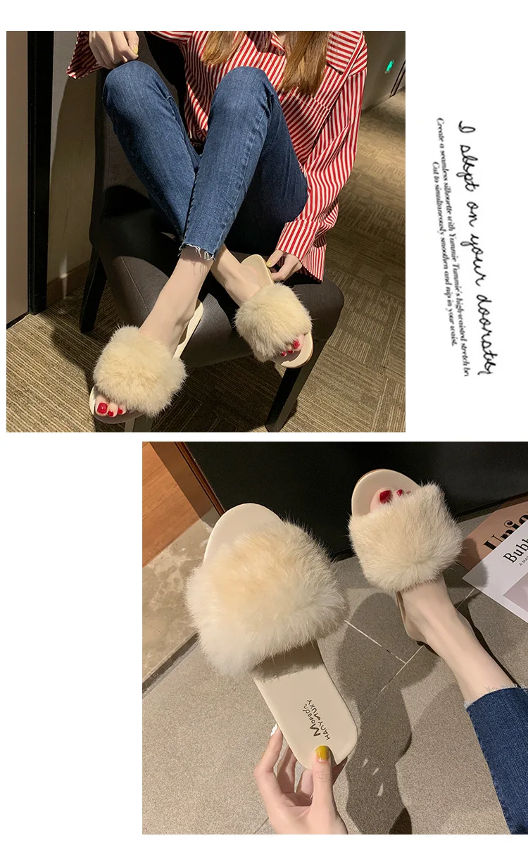 Slippers Female Flat Wear Outside Girl Heart Autumn and Winter New Color Rabbit Hair Home Non-slip Slippers