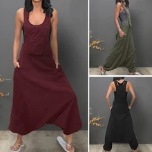 Короткие свободные плюс размер 5xl Комбинезоны женские с u-образным вырезом без рукавов с открытой спиной с боковыми карманами повседневные мешковатые Длинные Комбинезоны Femme боди