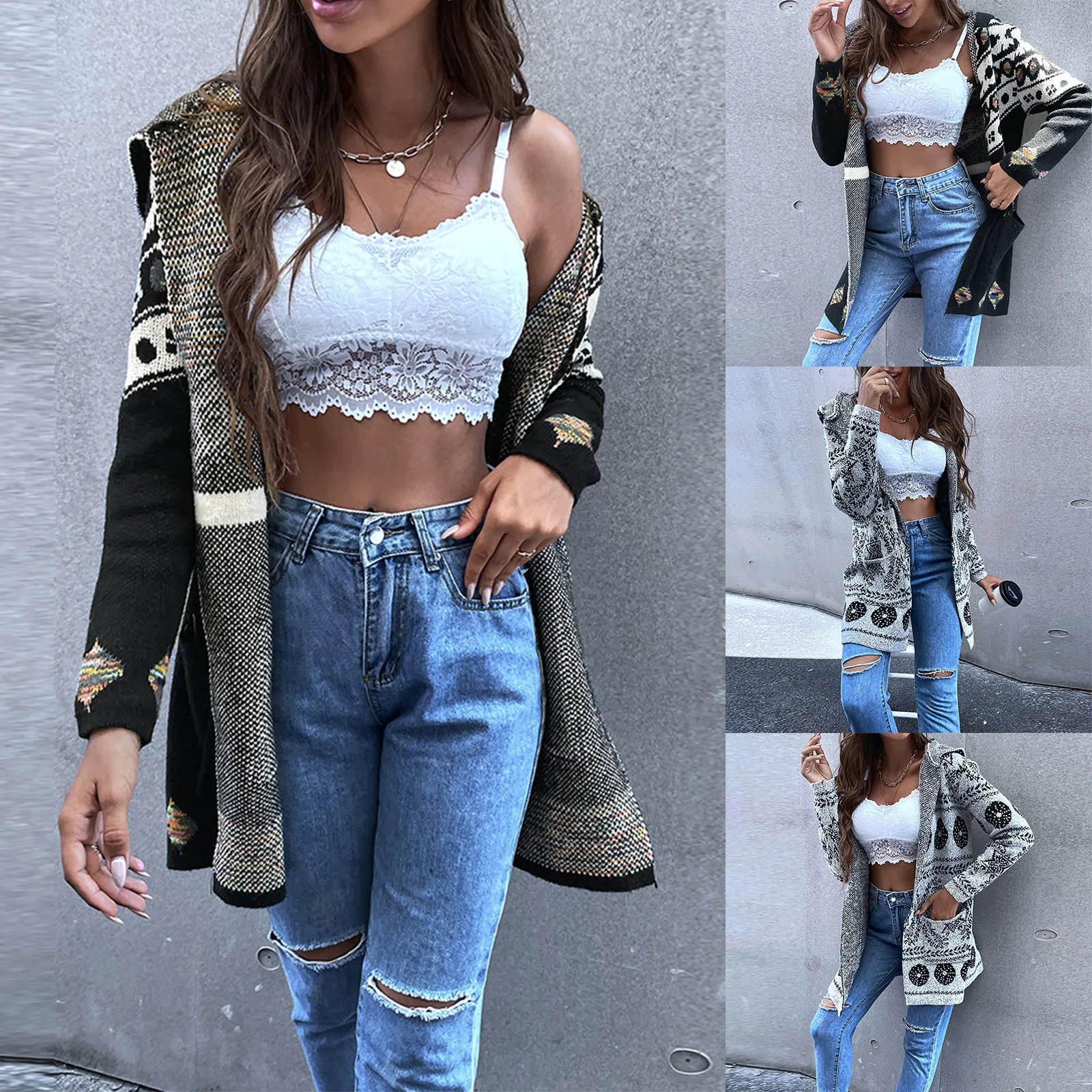 

Зимний длинный свитер, кардиганы для женщин, осень-весна 2021, свитера, куртка с длинным рукавом и капюшоном с принтом в стиле ретро, этнический кардиган