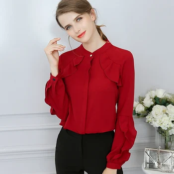 

Office Lady Ruffles Blouse Women Shirt Tops Sweet Slim Solid Stand Collar Long Butterfly Sleeves Blusas Femininas S-2XL