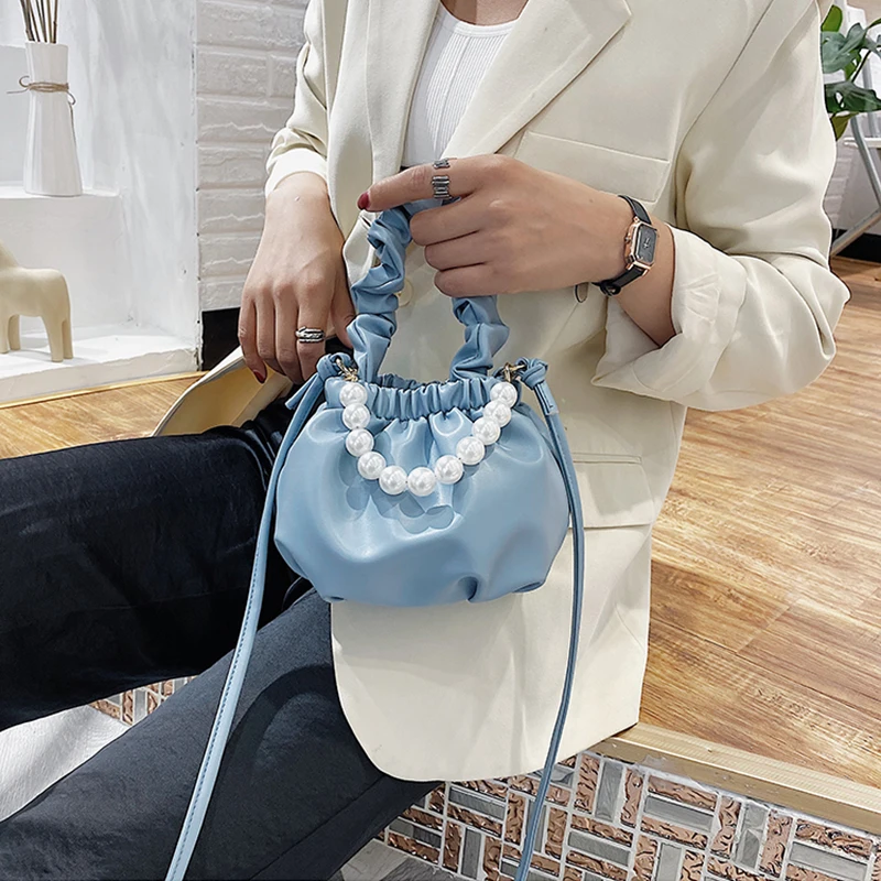 

Small silk Drawstring Crossbody Bags For Women 2020 Elegant Bucket Bags Shoulder Handbags Female Travel Pearl Cross Body Bag