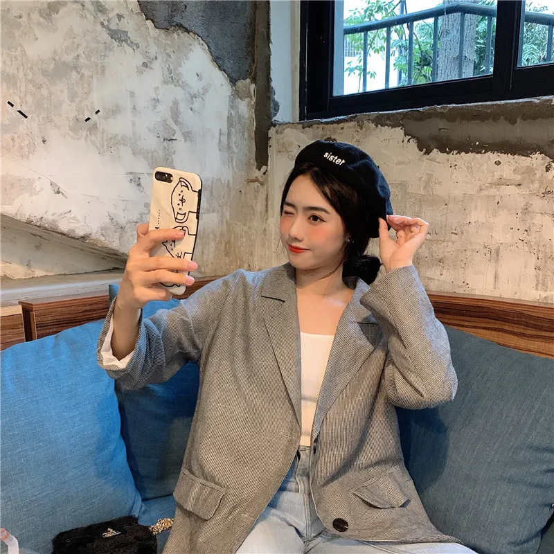 Photo Shoot Autumn New Style Korean-style Loose-Fit BF Style Retro Thin Stripe GIRL'S Long Sleeve Suit Jacket Women's