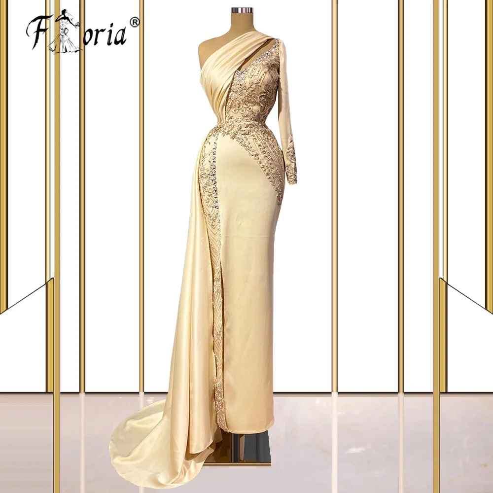 

Champagne Evening Dress Crystals Beads One Shoulder Long Sleeve Side Split Mermaid Prom Dress Split robe de soirée Dubai