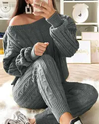 Conjunto de jersey y pantalones informales de punto acanalado para mujer, Jersey y pantalón de manga larga con cuello de madeja elegante, cálido, moda de invierno, 2020