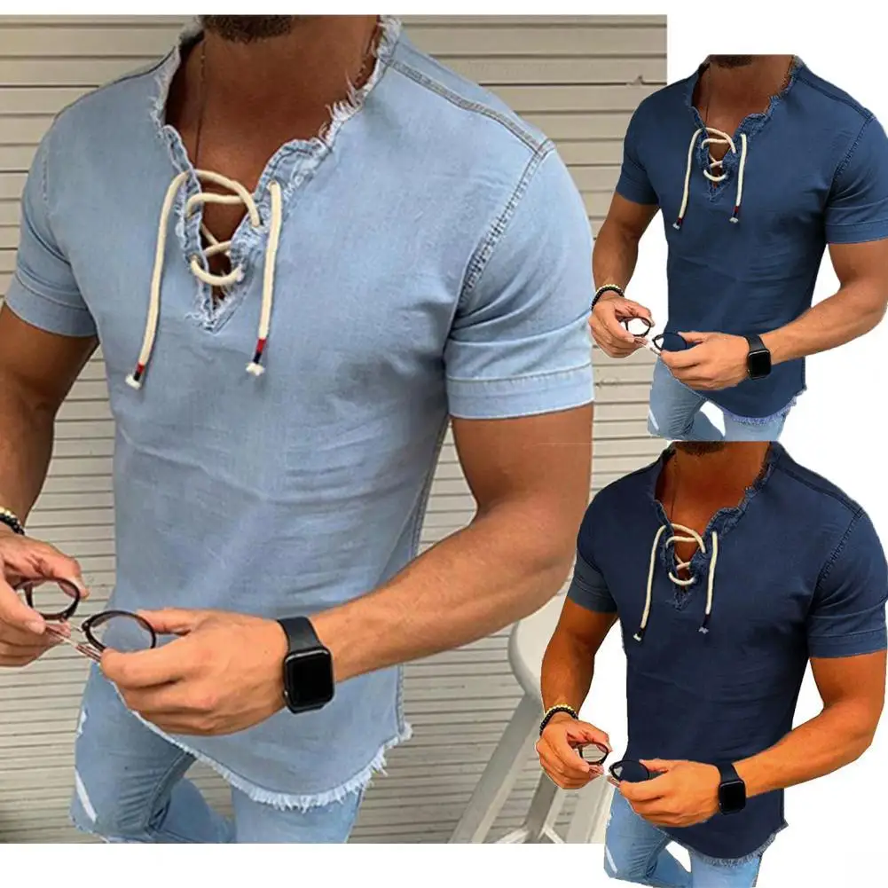 Chic Mens Turn Down Collar Loose Fit Lace Tops Hollow Out Button-front T-shirts