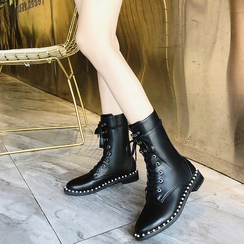 Lace Up Boots Round Toe Shoes Martins For Women Low Heels booties Booties Ladies Bootee Woman Luxury Designer Riding Rock