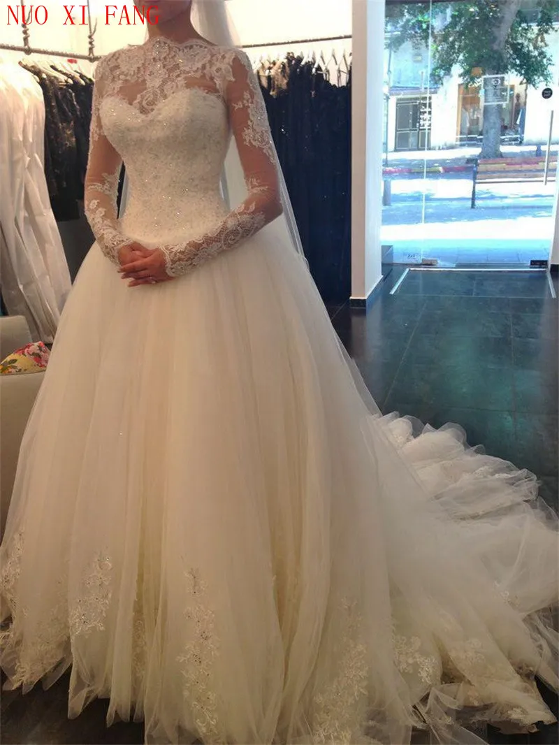 

NUOXIFANG Long Sleeves Tulle Wedding Dresses A Line vestido de noiva Backless Lace Appliques Sequins Formal Bridal Wedding Gowns
