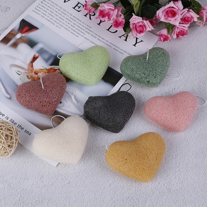1 шт., отшелушивающая Очищающая коньяк губка, натуральная коньяк коньяку, пуховая губка для лица, губка для мытья и уборки, Esponja, в форме сердца, макияж, Konjac