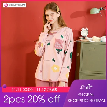 

FENTENG Autumn Pajamas For Women Fashion Cotton Oneck Full Sleeve Loose Printed Pajamas Warm Home Suit X98132662