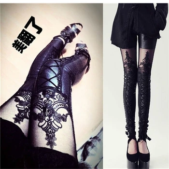 

New Fashion Women's Pants Patchwork Lace Pants Capris Autumn Trousers Ankle Length Faux Leather Stretchy Thin Trousers