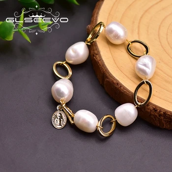 

GLSEEVO Handmade Real Natural White Baroque Pearl Geometry Bracelet For Wedding Party Girls Trendy Fine Jewelry For Women GB0199