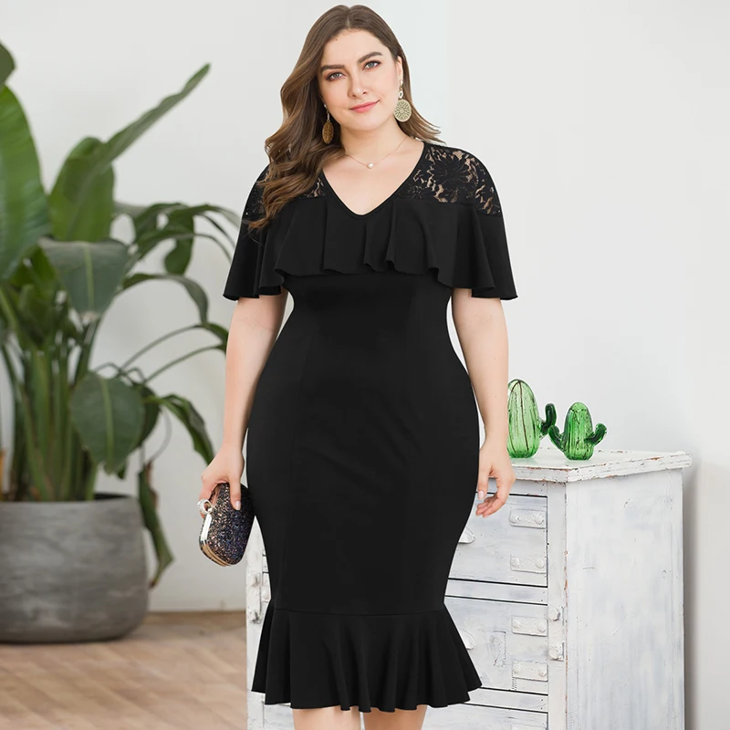Black dress Элегантное Кружевное платье миди с рюшами размера плюс, женское платье с коротким рукавом и высокой талией, лоскутное платье русалки, черные вечерние летние платья бодикон - Цвет: Black dress