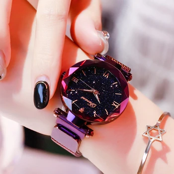 

Watch for women Fashion Quartz watch Elegant Magnet Buckle Starry Sky Roman Numeral women watch Purple Ladies Wristwatch gift
