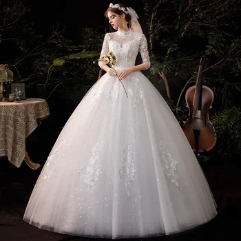 فستان زفاف برقبة عالية 2023 فاخر ثلاثة أرباع كم بأربطة حتى الكرة ثوب Vestido De Noiva مقاس كبير 2
