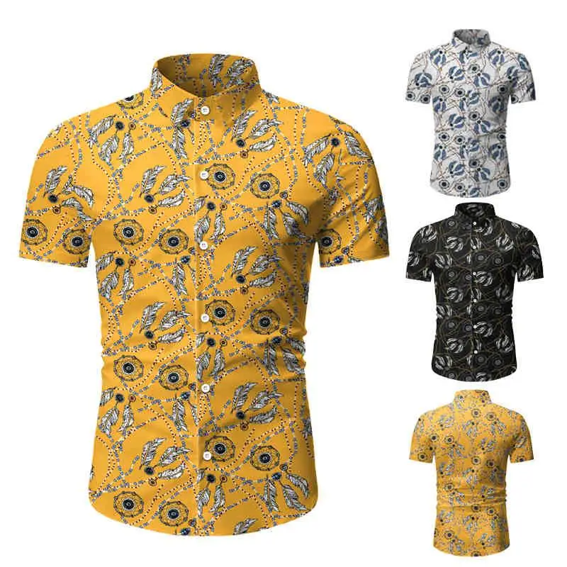 2020 Fashion Flower Men Shirt White yellow Print Shirts Hawaiian Slim Camisa Floral Masculina Summer Short Sleeve Tops | Мужская одежда