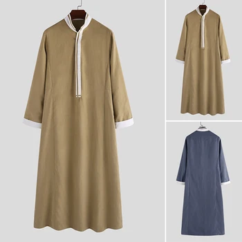 

INCERUN Muslim Kaftan Islamic Robes Patchwork Stand Collar Long Sleeve Fashion Jubba Thobe Dubai Saudi Arabia Mens Robes Abaya