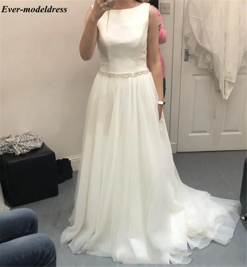

Simple Boho Wedding Dresses 2020 Scoop Hollow Back Beaded Sash Country Summer Beach Bridal Gowns Sweep Train Cheap Vestidos