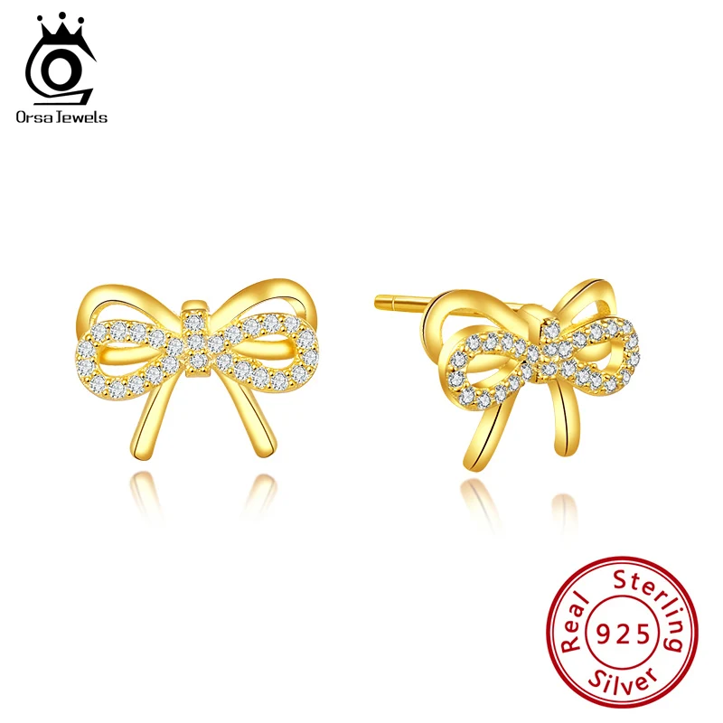 

ORSA JEWELS Pure Silver Cute Bow Stud Earrings Women Clear Zircon Newest Christmas Trendy Delicate S925 Stud Girl Jewelry SE170