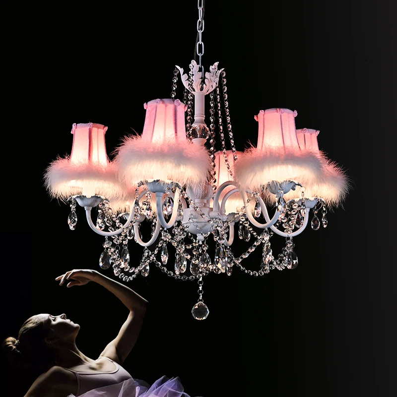

European Chandelier Restaurant LED Hanging Lamps French Children's Room Pendant Light Warm Pink Girl Bedroom Textile Cover