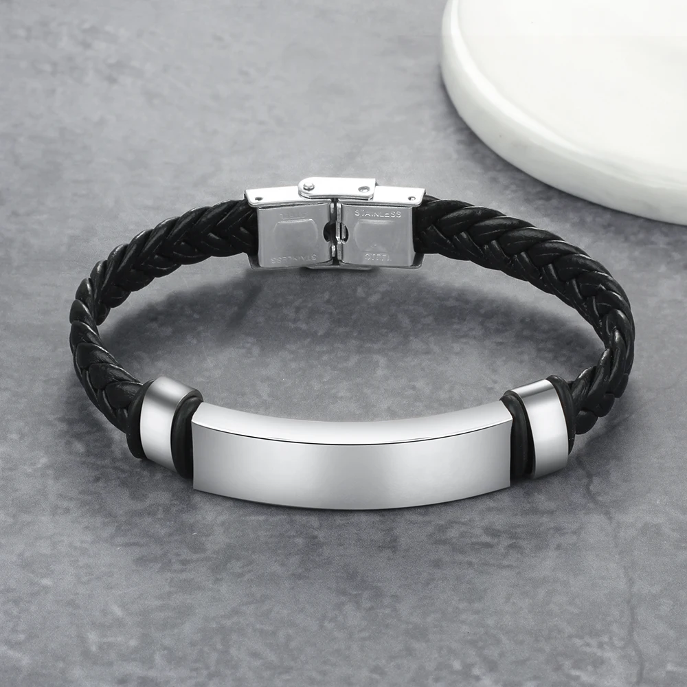 

Custom Engraved Name Bracelet for Men Stainless Steel Tag Braid Woven Silicone ID Bar Bracelets & Bangles