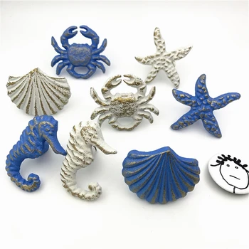 

LCH Mediterranean Blue Vintage Iron Art Crab Starfish Shell Door Knob Pull Cloth hook Outdoor Hook Ancient Style Clothes Hook
