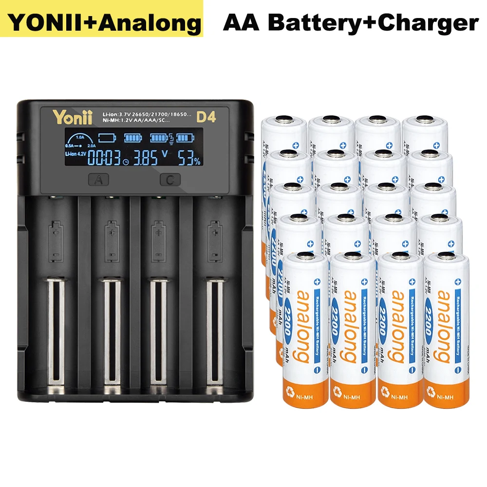 18650 зарядное устройство для аккумуляторов 3,7 v, литиевое зарядное устройство для 14500 21700+ 20 шт aa, перезаряжаемая батарея nimh 1,2 v 2a, аккумулятор 2200mah aa