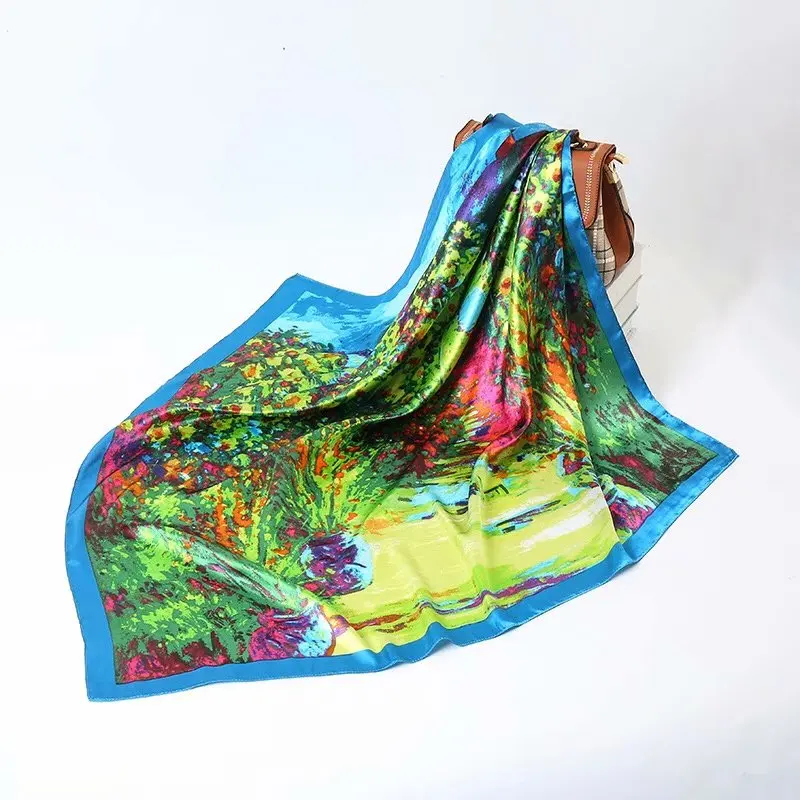 

Scepter Pattern Printed Ink Blue Scarf Women Embroidered Silk Handkerchief Square Bandana Foulard Neckerchief Female DF021