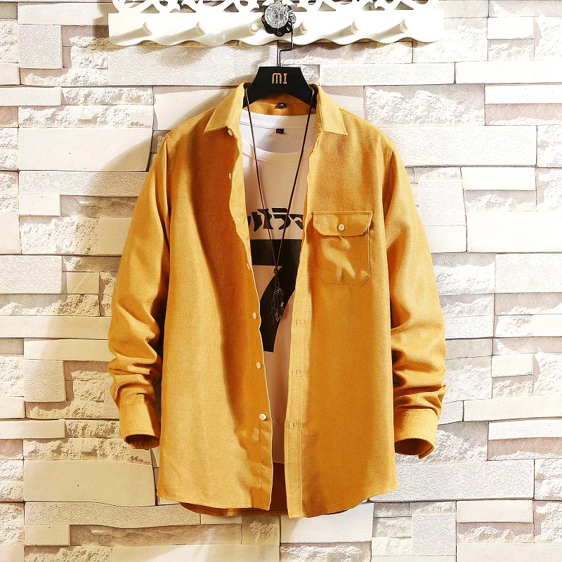 Privathinker Men Solid Loose 8 Colors Shirts Mens Collage Korean Shirt Male Autumn Fashion Clothes Streetwear Tops Oversize - Color: Yellow(AsianSize)
